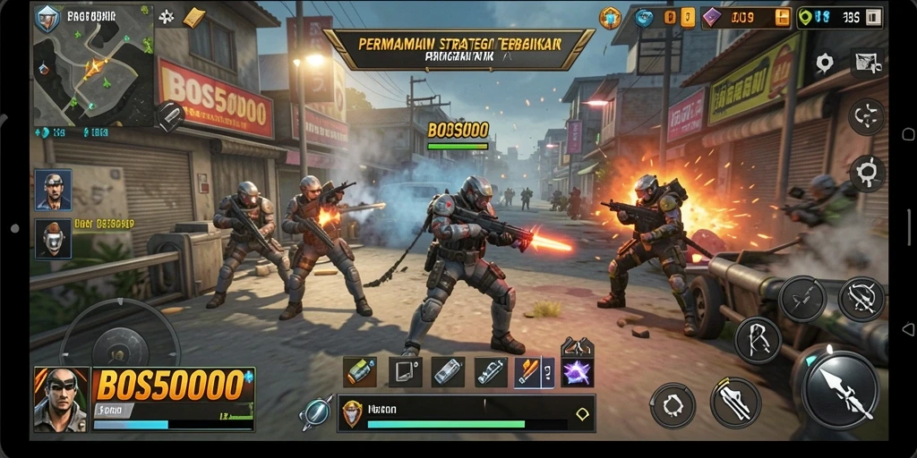 Tampilan gameplay mendebarkan dalam BOS5000 dengan strategi yang kompleks.