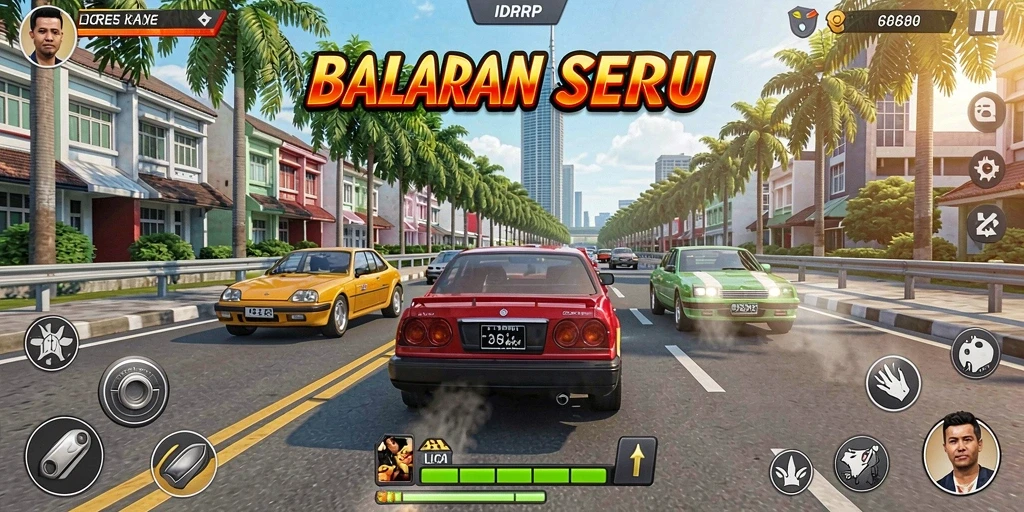 Tampilan aksi balapan seru di trek dengan mobil kustom.