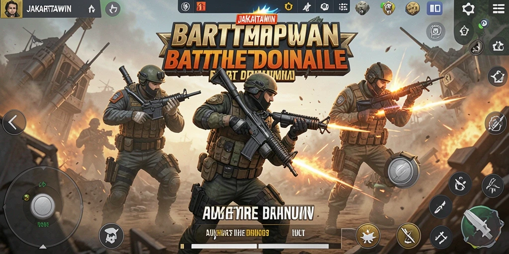 Tangkapan layar JAKARTAWIN menampilkan aksi pertempuran intens di arena Battle Royale.