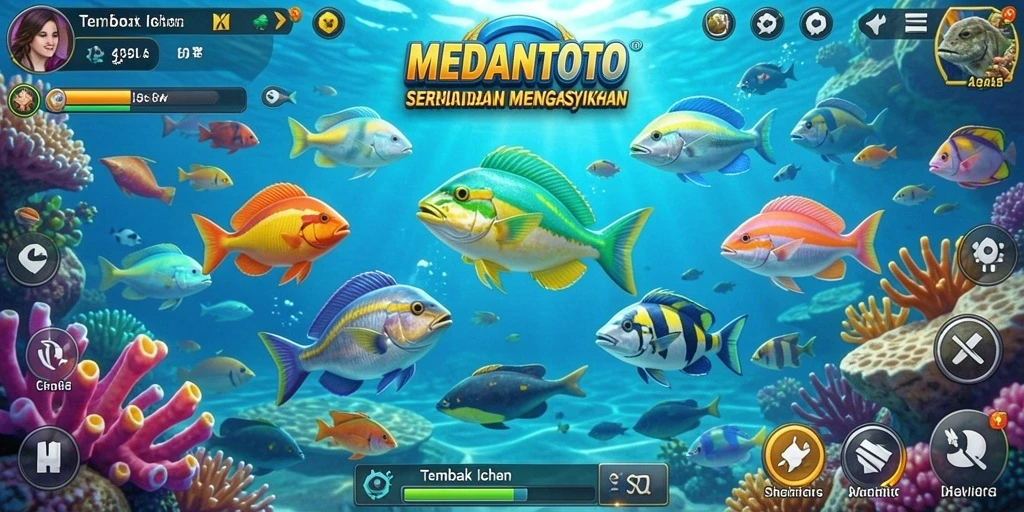 Tampilan gameplay MEDANTOTO saat menangkap ikan dengan berbagai senjata.