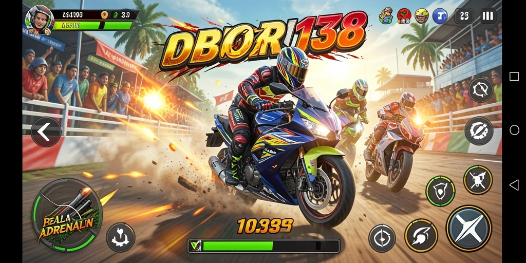 Tangkapan layar permainan OBOR138 dengan aksi balapan motor yang cepat.