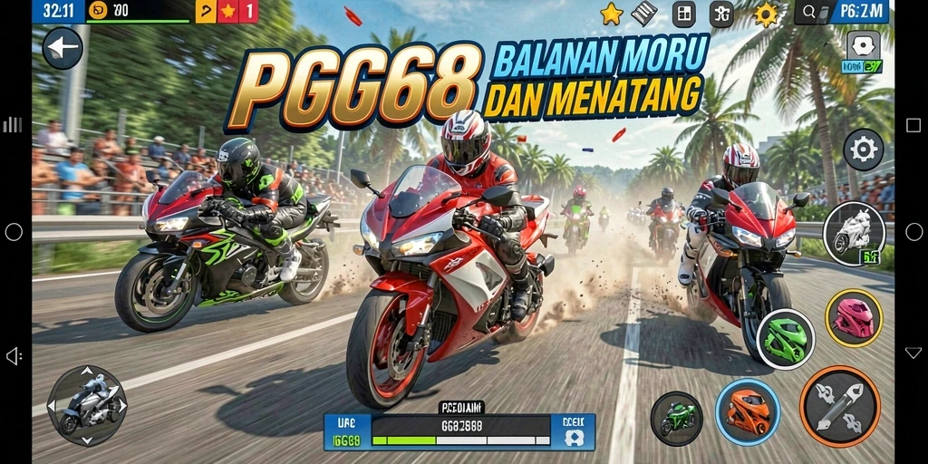 Screenshot PGG68 menampilkan aksi balapan motor yang seru.
