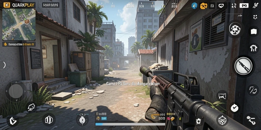 Gambaran aksi menegangkan dalam permainan QUARKPLAY di pertempuran FPS.