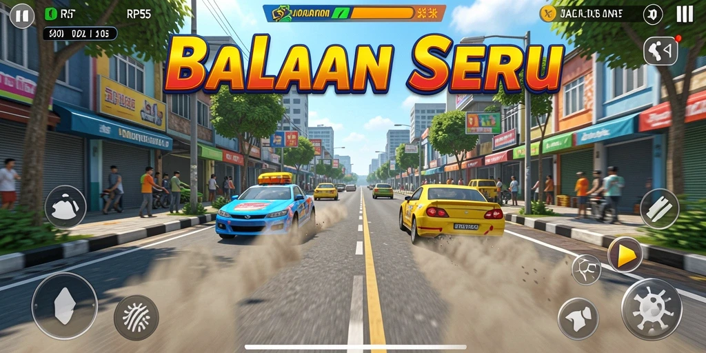 Screenshot utama menunjukkan momen balapan yang mendebarkan dalam RP55.