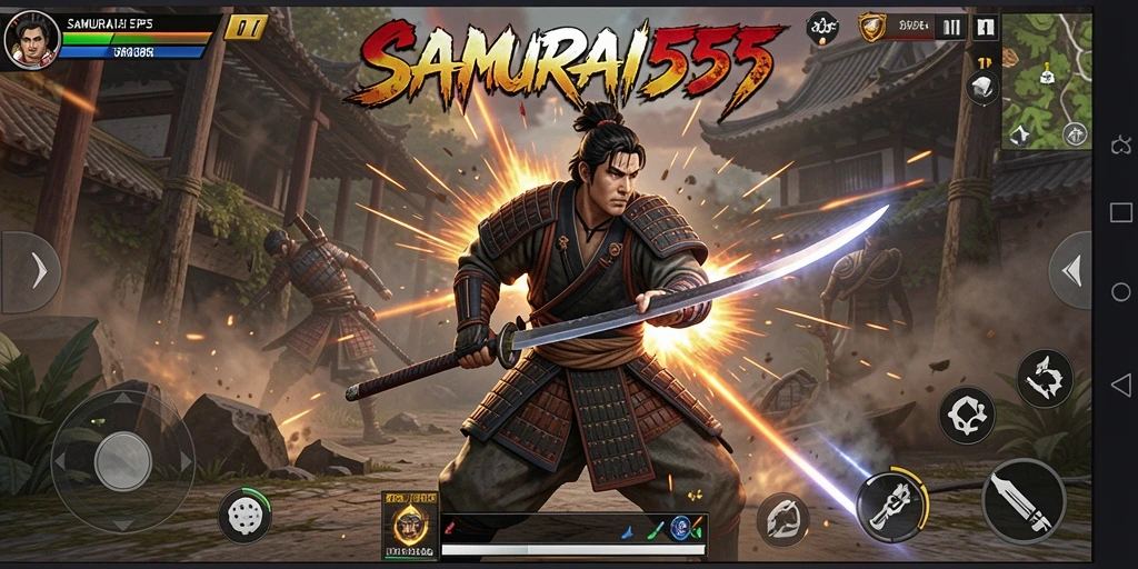 Screenshot gameplay SAMURAI555 dengan aksi pertarungan yang intens.